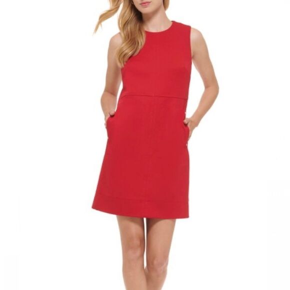 Tommy Hilfiger Red Twill Sleeveless Side Pocket Shift Dress - Picture 1 of 13